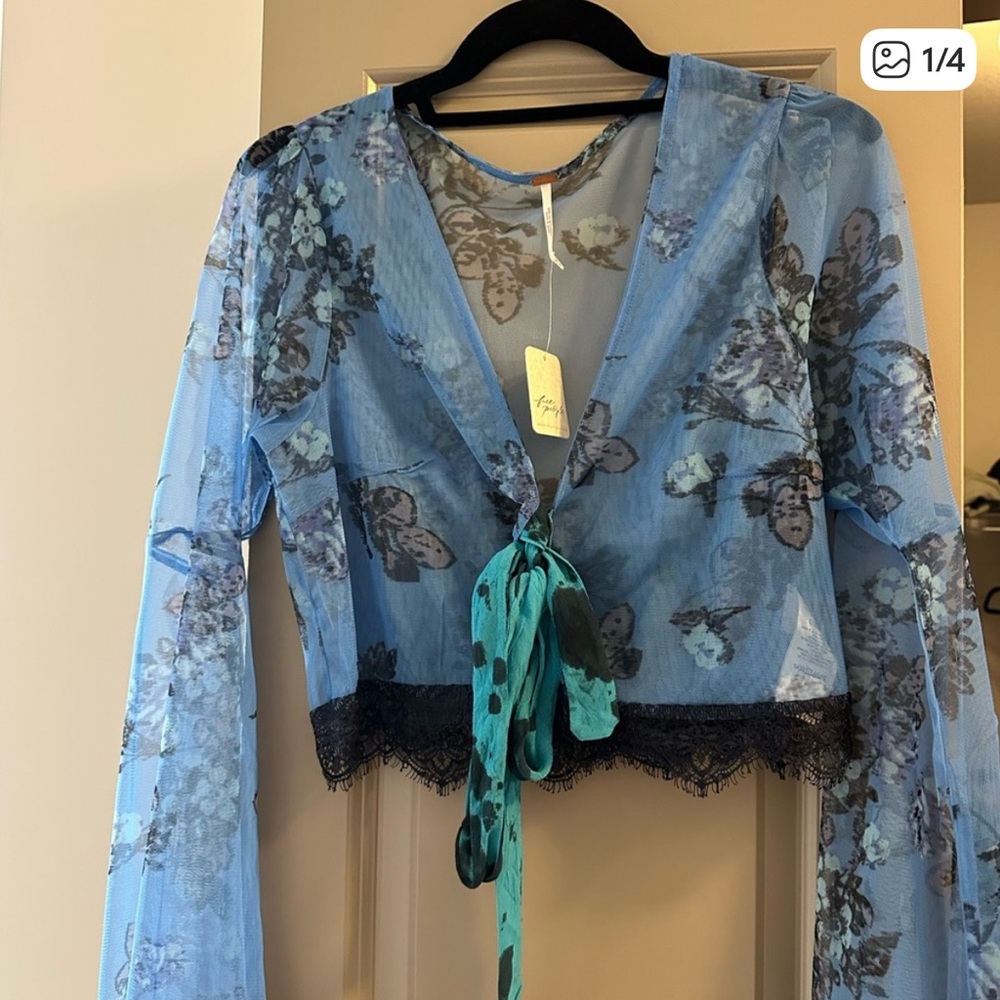 Free People Sheer Blue Floral Blouse
